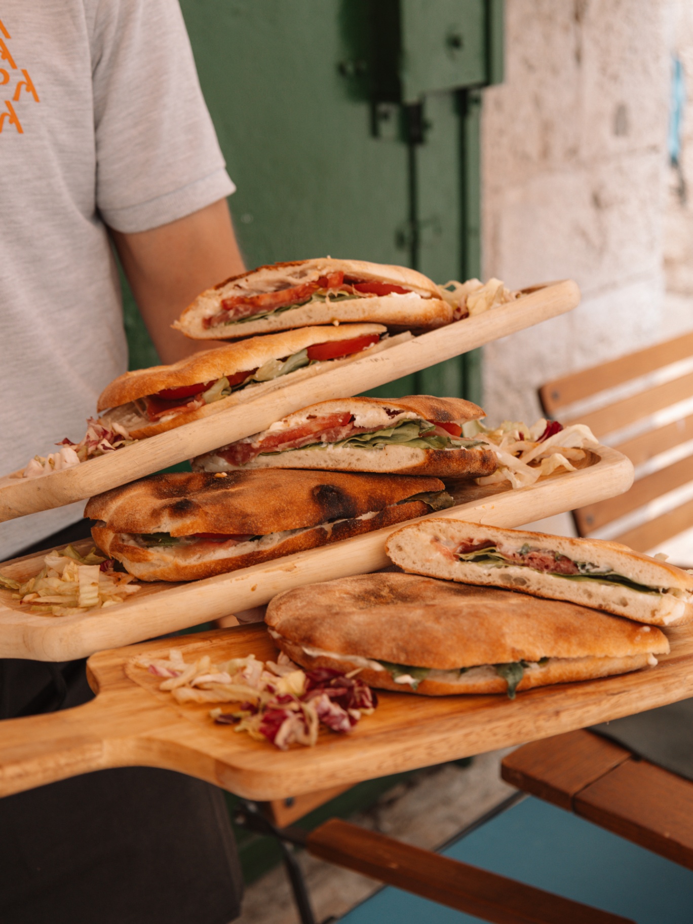 Stacked boards of fresh sandwiches