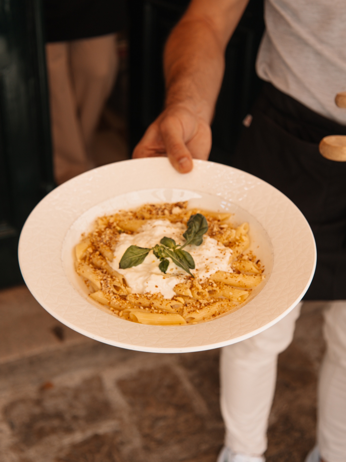 Penne with burrata and crumble