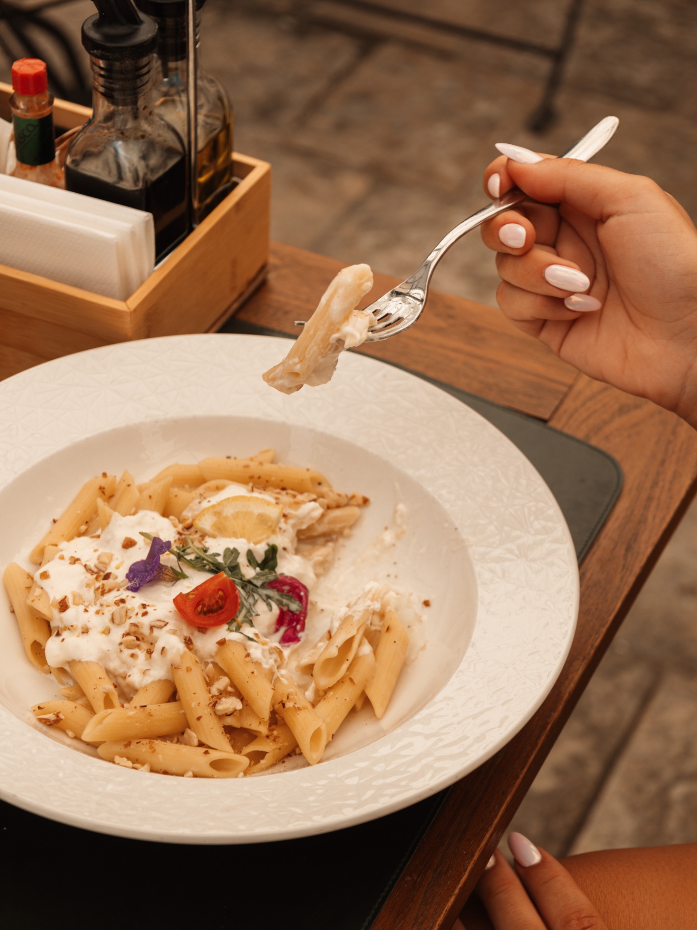 Penne with burrata and pistachio